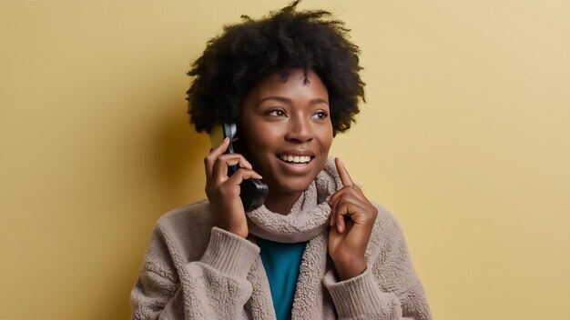 Photo une photo coupée d'une femme afro-américaine heureuse qui a une conversation téléphonique tient un gadget près de l'oreille.