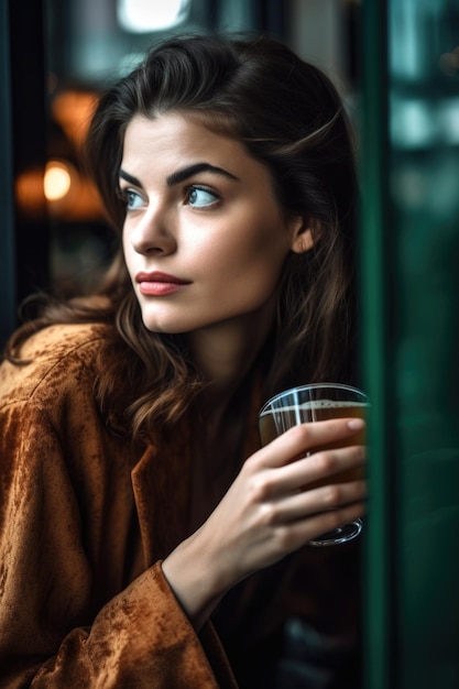 Une photo coupée d'une femme buvant du café dans un café créé avec l'IA générative