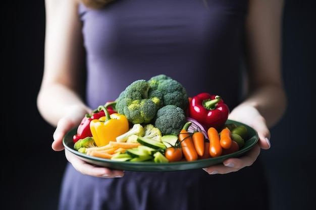 Une photo coupée d'une femme tenant une assiette remplie de légumes créés avec de l'IA générative