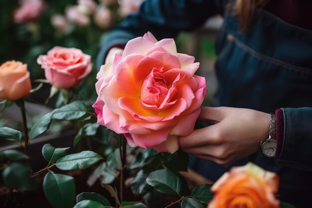 Une photo coupée d'une fleuriste méconnaissable taillant une rose dans sa pépinière créée avec l'IA générative