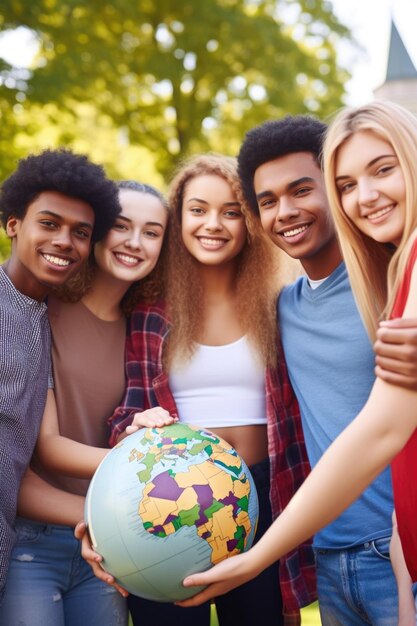 Une photo coupée d'un groupe de jeunes gens tenant un grand globe créé avec l'IA générative