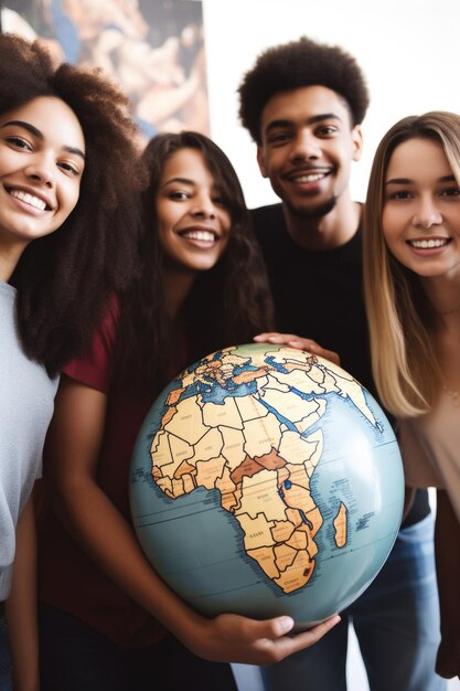 Photo une photo coupée d'un groupe de jeunes gens tenant un grand globe créé avec l'ia générative