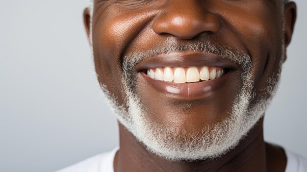 Photo coupée d'un homme afro mature avec un sourire blanc pour une publicité en dentisterie