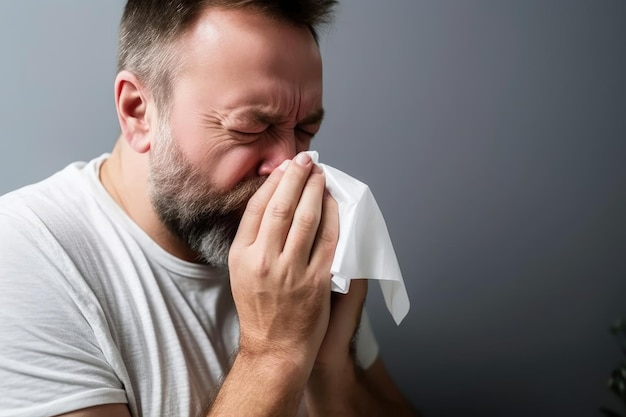 Une photo coupée d'un homme souffrant de grippe et éternuant créée avec l'IA générative