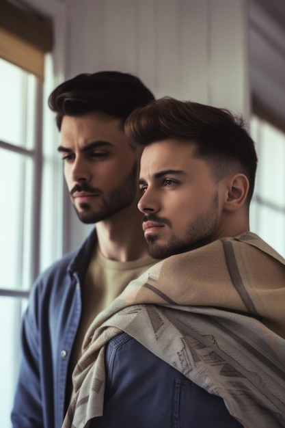 Une photo coupée d'un jeune couple gay à la maison.