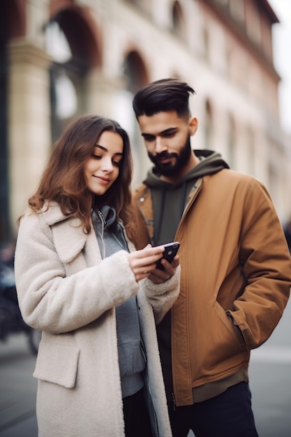 Une photo coupée d'un jeune couple utilisant leur smartphone en ville