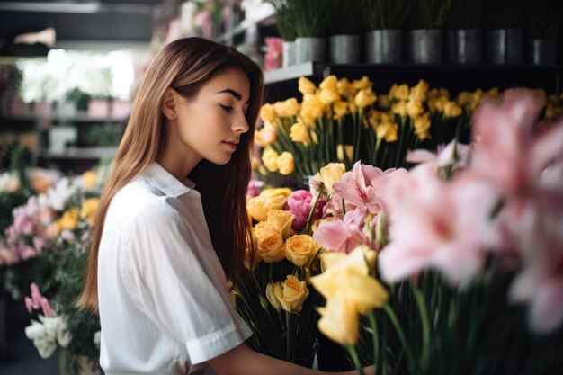 Une photo coupée d'une jeune femme attrayante debout dans sa floristerie créée avec l'IA générative
