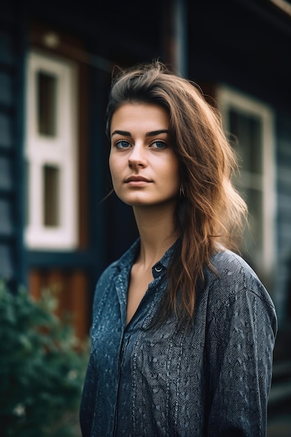 Une photo coupée d'une jeune femme debout devant sa maison créée avec l'IA générative