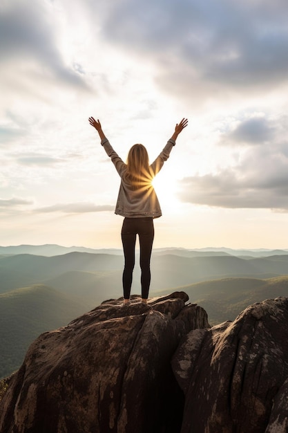 Photo une photo coupée d'une jeune femme debout sur le sommet de la roche avec les bras tendus