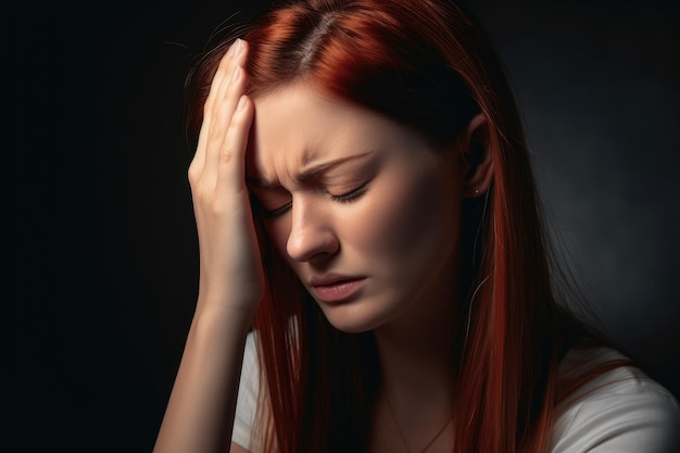 Une photo coupée d'une jeune femme méconnaissable tenant sa tête en douleur créée avec l'IA générative
