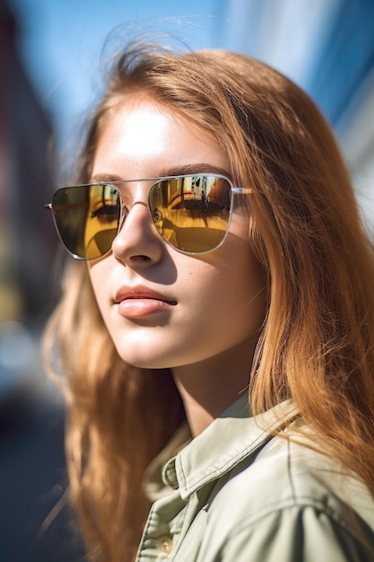 Une photo coupée d'une jeune femme portant des lunettes de soleil créées avec l'IA générative