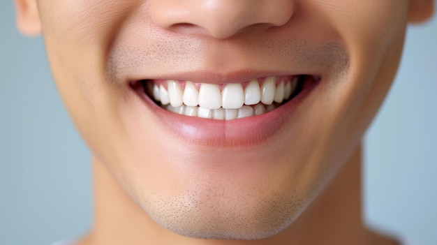 Une photo coupée d'un jeune homme asiatique souriant. Blanchiment des dents. Traitement dentaire.