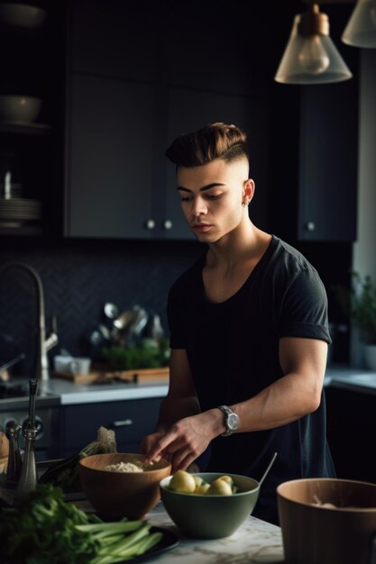 Photo une photo coupée d'un jeune homme préparant le petit déjeuner dans la cuisine à la maison