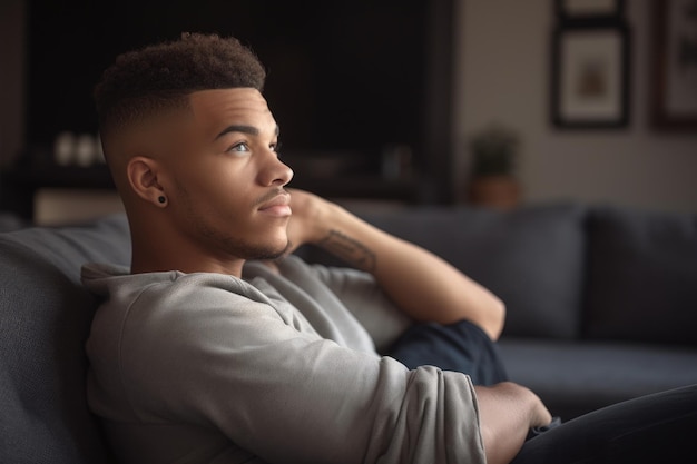 Une photo coupée d'un jeune homme se relaxant sur son canapé à la maison créée avec l'IA générative