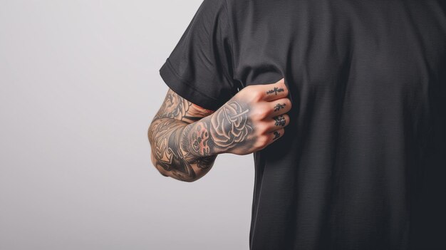 Une photo coupée d'un jeune homme tatoué stylé en T-shirt debout sur un fond gris de studio isolé