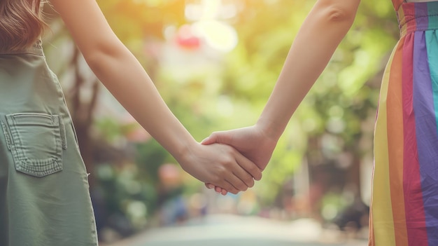 Une photo coupée de jeunes femmes asiatiques, d'un couple de lesbiennes LGBT se tenant par la main avec fierté LGBT