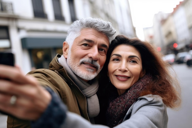 Photo d'un couple debout ensemble et prenant des selfies dans la rue
