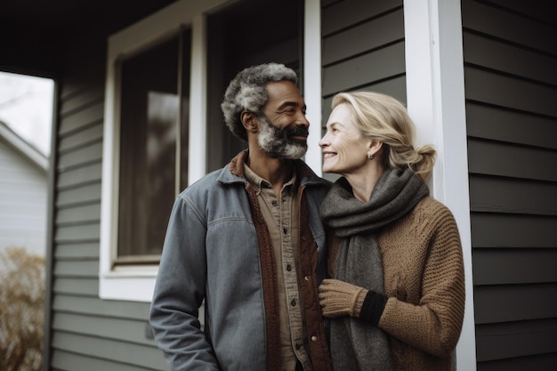 Photo d'un couple debout à l'extérieur de leur maison créé avec une IA générative