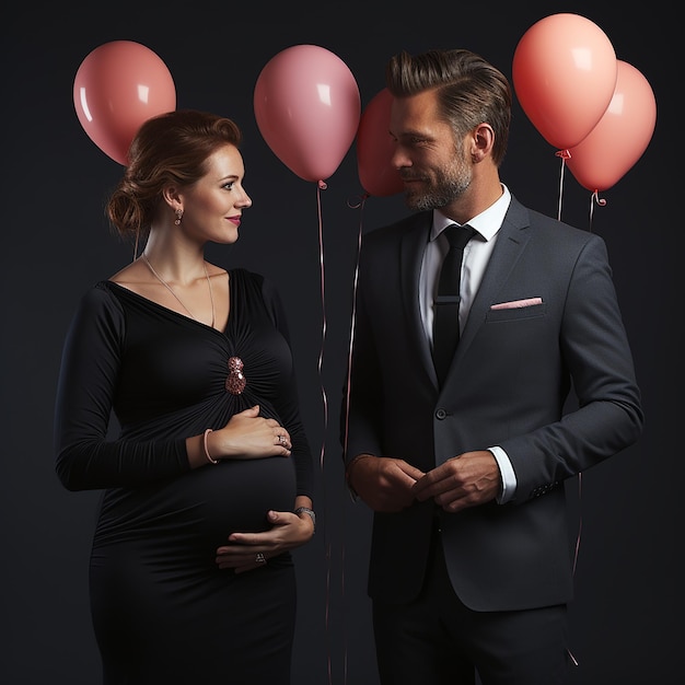 une photo d'un couple et d'une femme enceinte avec des ballons et un homme en costume