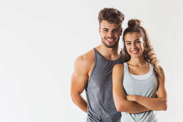 Photo photo d'un couple en forme au gymnase avec un espace de copie isolé