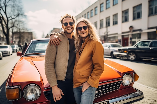 Une photo d'un couple heureux devant leur voiture.