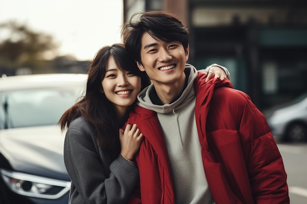 Une photo d'un couple heureux devant leur voiture.