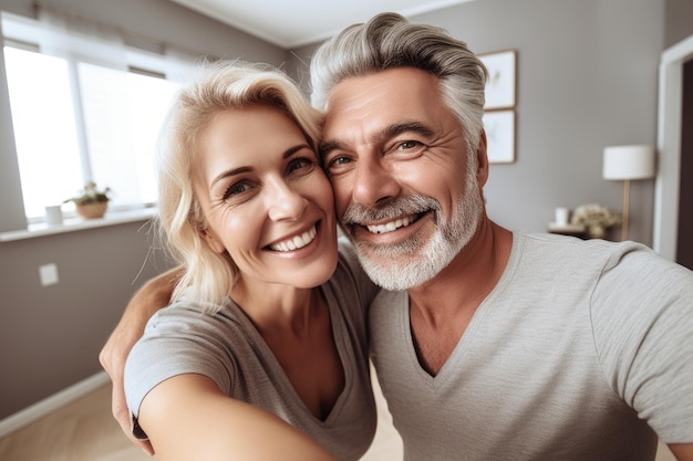 Photo d'un couple heureux prenant des selfies ensemble à la maison