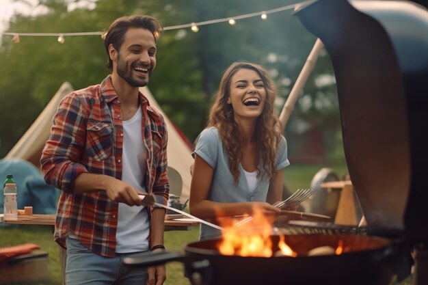 Photo d'un couple heureux en train de faire un barbecue