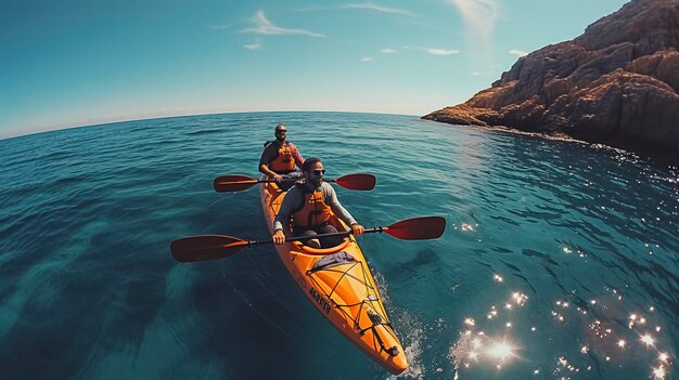 Une photo d'un couple en kayak ensemble sur un kayak de location