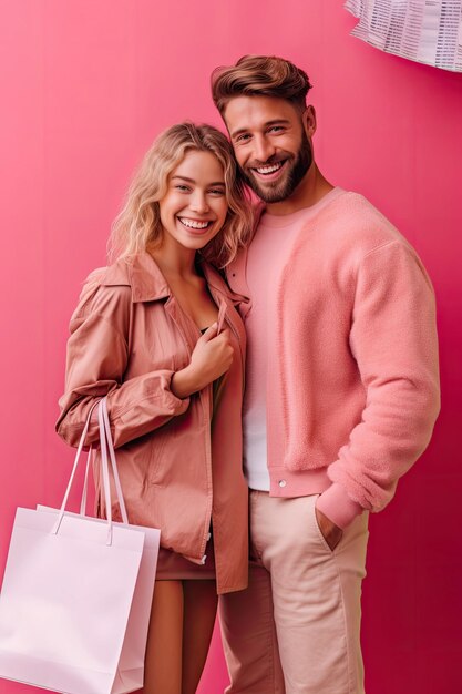 photo de couple mode fond rose sac d'achat souriant bon été