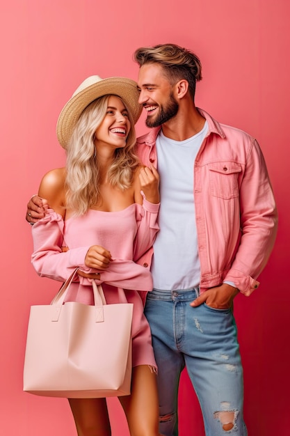 photo de couple mode fond rose sac d'achat souriant bon été