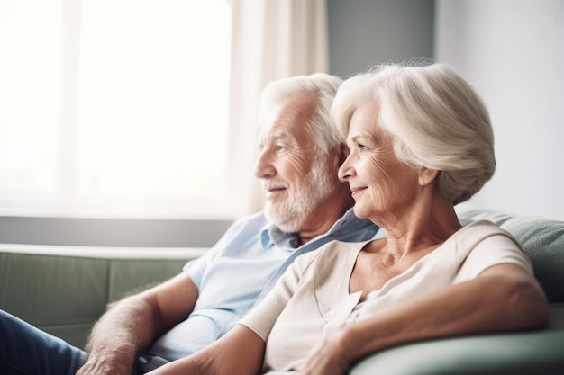 Photo d'un couple de personnes âgées assis sur le canapé à la maison créé avec une IA générative