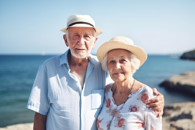 Une photo d'un couple de personnes âgées debout ensemble pendant les vacances créée avec l'IA générative