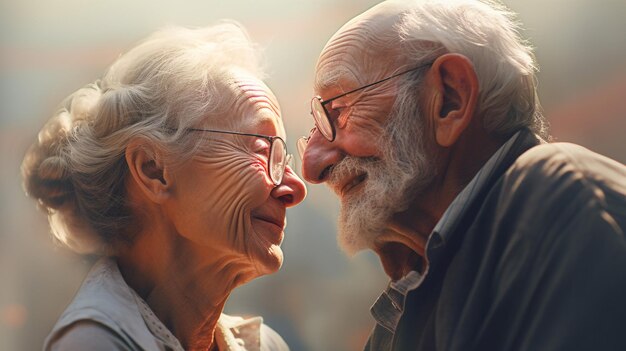 Photo d'un couple de personnes âgées se regardant avec un amour véritable