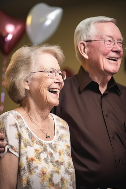 photo d'un couple de personnes âgées souriant tout en s'adressant à leur fête de retraite créée avec une IA générative
