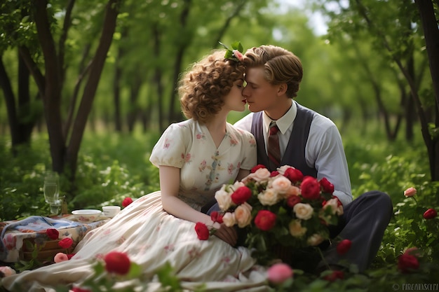 Photo d'un couple profitant d'un pique-nique dans le parc le jour de la Saint-Valentin