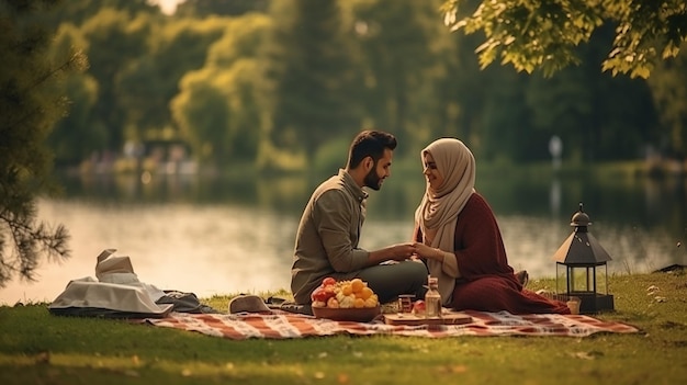 Photo couple romantique islamique en train de pique-niquer