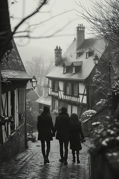 Photo de couples français se promenant main dans la main le long d'un charmante pavés Activités communautaires des voisins