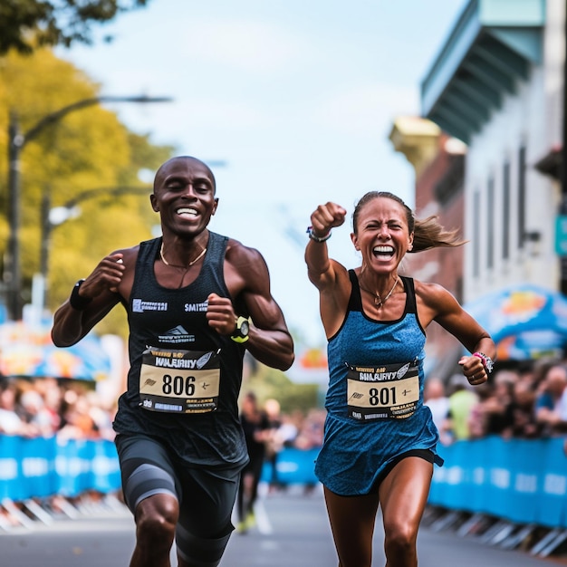 Photo de coureur masculin et féminin traversant la ligne d'arrivée générative ai