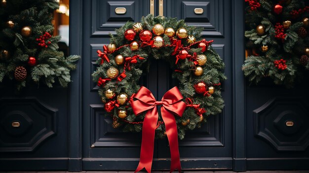 Une photo d'une couronne de Noël magnifiquement décorée.