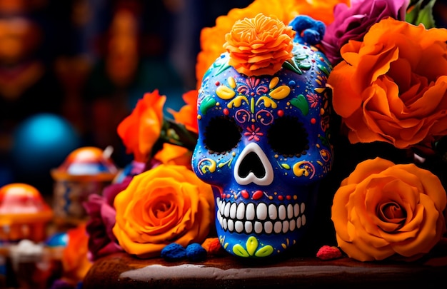 Photo crâne avec fleurs bougies jour du concept mort mexique