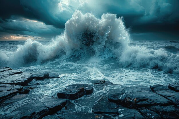 Une photo créative et artistique d'une vague qui s'écrase sur un rivage rocheux