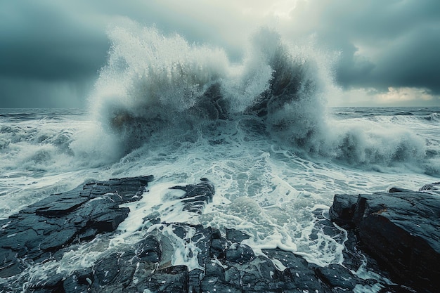 Une photo créative et artistique d'une vague qui s'écrase sur un rivage rocheux