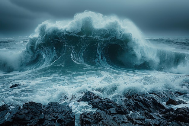 Une photo créative et artistique d'une vague qui s'écrase sur un rivage rocheux