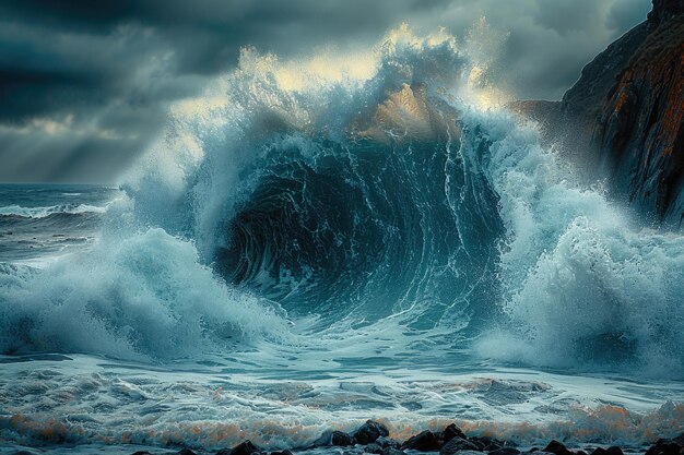 Une photo créative et artistique d'une vague qui s'écrase sur un rivage rocheux