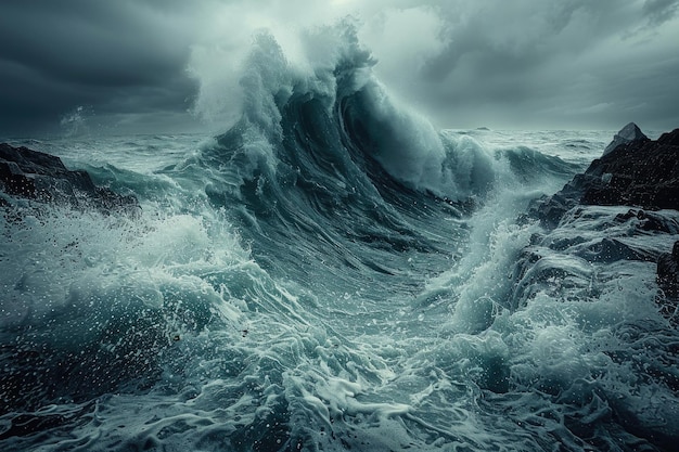 Une photo créative et artistique d'une vague qui s'écrase sur un rivage rocheux
