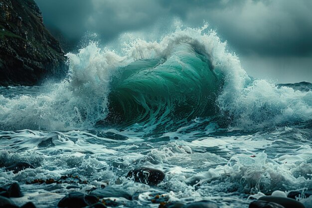 Une photo créative et artistique d'une vague qui s'écrase sur un rivage rocheux