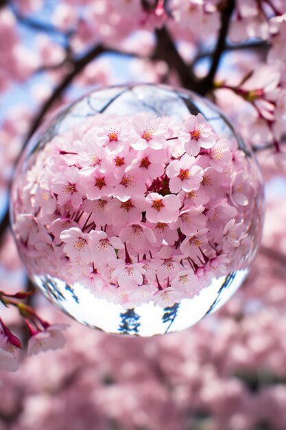 Une photo créative de fleurs de cerisier à travers l'objectif d'une boule de cristal