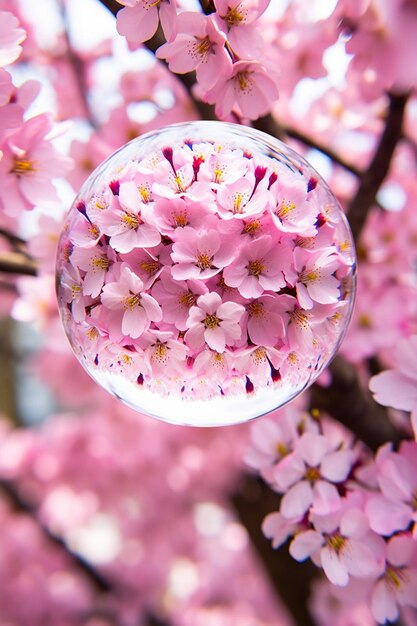 Une photo créative de fleurs de cerisier à travers l'objectif d'une boule de cristal