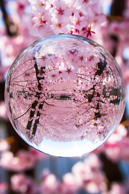 Une photo créative de fleurs de cerisier à travers l'objectif d'une boule de cristal